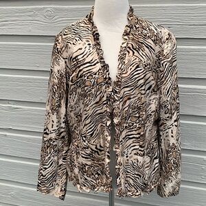 Chico’s Silk Animal print Rudy Ruffle Open jacket 8